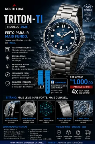Relógio de Mergulho Solar de Titânio NORTH EDGE TRITON-TI
