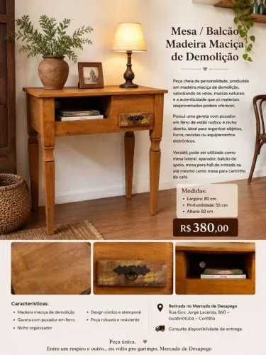 Mesa / Balcão em Madeira Maciça de Demolição