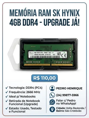 Memória RAM DDR4 4GB SK Hynix 2666MHz para Notebook - Testada