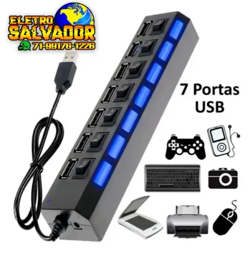 Hub Usb 2.0 7 Portas C/ Chave Individual Led Alta Velocidade Cores Preto e Branco