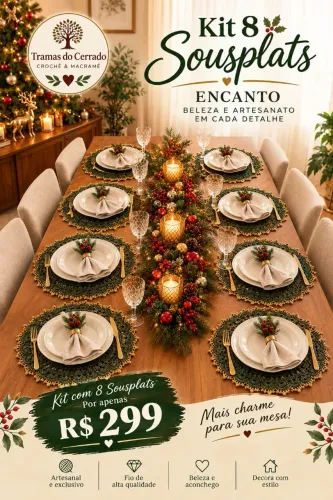 Sousplat de Natal em Crochê Luxo, 8 lugares