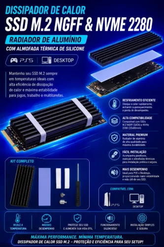 Dissipador de calor de Alumínio com Thermal Pad para NGFF & NVME 2280 (NOVO/LACRADO!)
