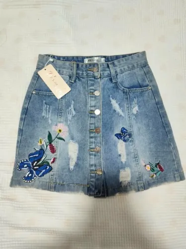 Saia Jeans Pavão de Ouro bordada tamanho P