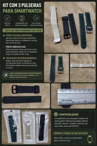 ? Kit 3 Pulseiras 20mm para Smartwatch (Preta e Verde Novas!)