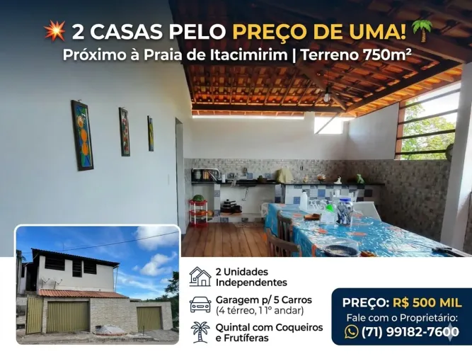 2 CASAS PELO PREÇO DE UMA, PERTO DA PRAIA DE ITACIMIRIM Escritura