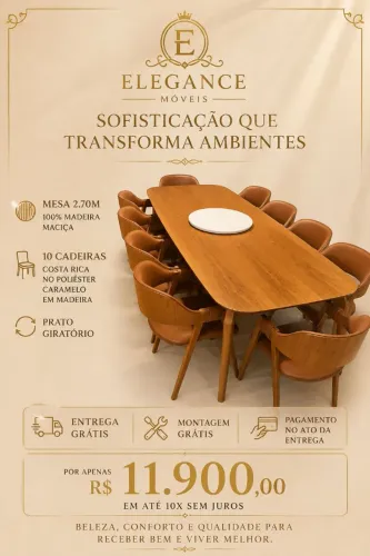 Mesa 2.70m 100% madeira maciça + 10 cadeiras costa rica poliéster caramelo madeira 