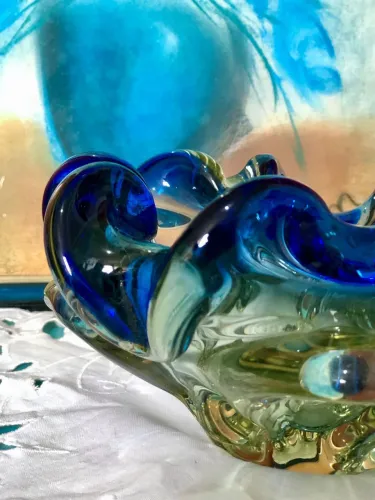 FLOREIRA/CINZEIRO MURANO CRISTAIS SÃO MARCOS DOUBLÉ AZUL.PEÇA ÚNICA.VINTAGE.