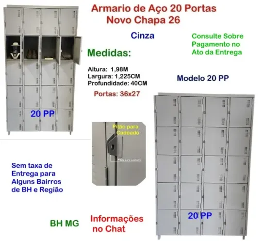 Armário de aço roupeiro 20 portas escaninho academia indústria comercio loja vestiário