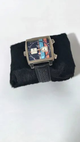 Relógio Estilo TAG Heuer Monaco Gulf Chronograph - Pulseira Couro Rally