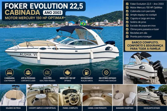Foker Evolution 22.5 cabinada motor Mercury 150 Hp optmax excelente aceita troca
