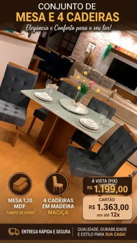 Mesa de jantar 1,20 MDF e tampo de vidro + 4 cadeiras madeira maciça