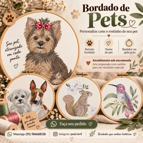 Quadro bordado de pets em bastidor de madeira.