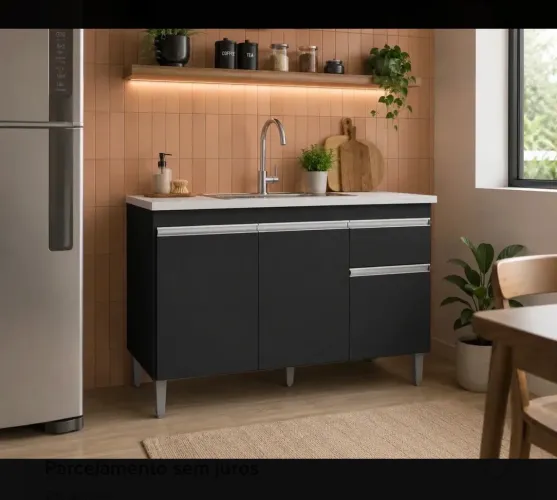 Balcao Gabinete De Pia Sem Tampo 120cm 3 Portas Tatiane Preto