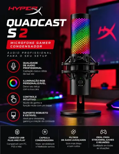 Microfone HyperX QuadCast S 2 RGB USB - Novo e Lacrado