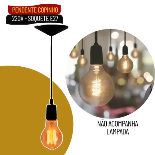 Pendente com Cabo Vintage Retrô Industrial Preto para Decoração e Iluminação - SCS89