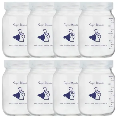 Kit com 8 potes de vidro para leite materno.