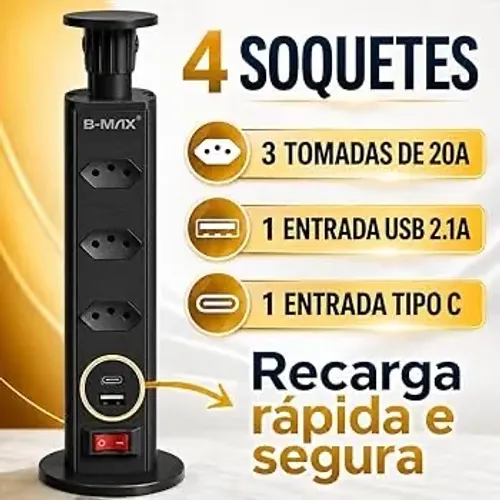 Torre multiplug retrátil com 3 tomadas e USB