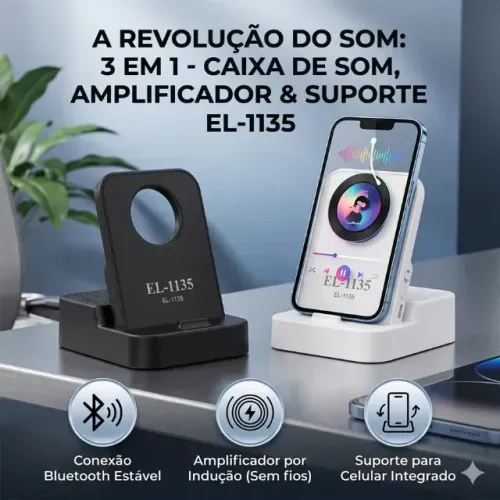  Caixa de som Bluetooth EL-1135 Suporte para Celular com Som Amplificado 10W Base Portá