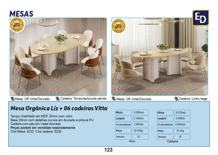 Mesa de Jantar Orgânica Liz + 6 Cadeiras Vitta