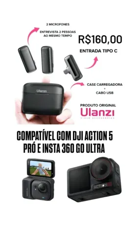 Microfone ulanzi j12 sem fio para celular tipo c e câmeras DJI action 5 pró, insta 360 go
