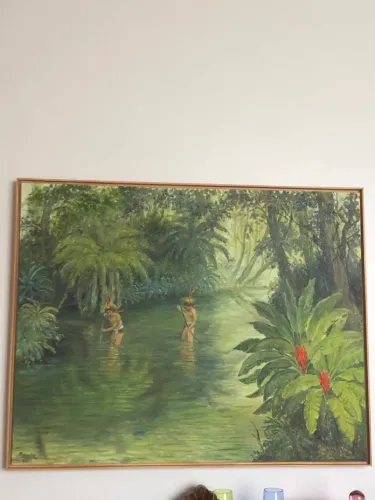 Quadro a óleo com paisagens e figuras humanas