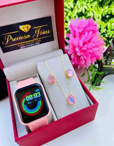 Relógio Smartwatch Feminino + Colar com Pingente de Pedra