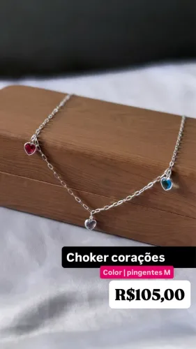 Chocker Corações Color Pingentes M Prata 925