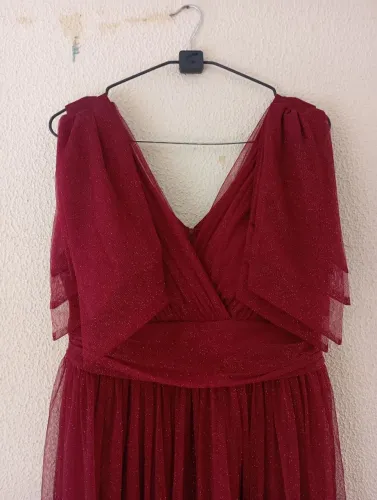 Vestido Longo de Festa Bordô com Tule e Brilho - Tam GG (Usado 1x)