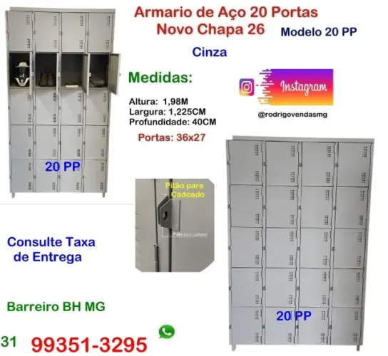 Armário de aço roupeiro 20 portas escaninho academia indústria comercio loja vestiário