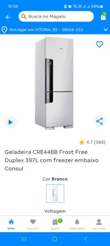 Geladeira consul dúplex frost free - 397L - freezer embaixo 