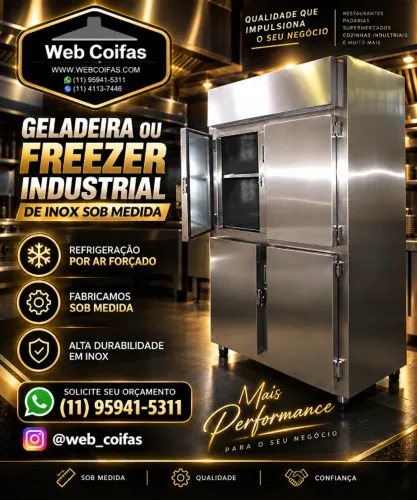 Geladeira ou Freezer industrial com porta cega ou vidro, aço inox, direto da fábrica.