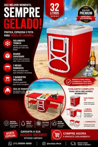 CAIXA TÉRMICA QUE VIRA MESA - PRÁTICA E INOVADORA