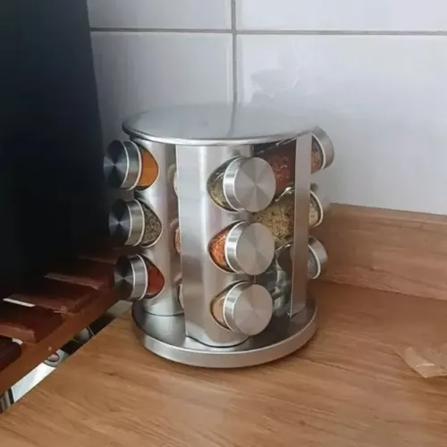 Porta Condimentos Tempero Giratório inox 12 potes de vidro + Organização e Sofisticação
