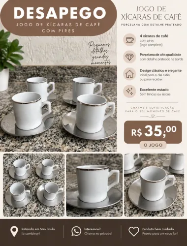 Jogo de 04 xícaras de café de porcelana com detalhe prateado