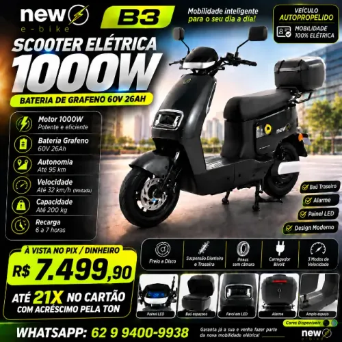 Scooter Elétrica New E-Bike B3 1000W Grafeno 60V 26Ah Autonomia Até 95km