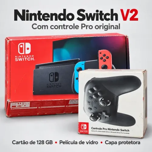 Nintendo Switch V2 + Controle Pro original + Cartão 128 GB