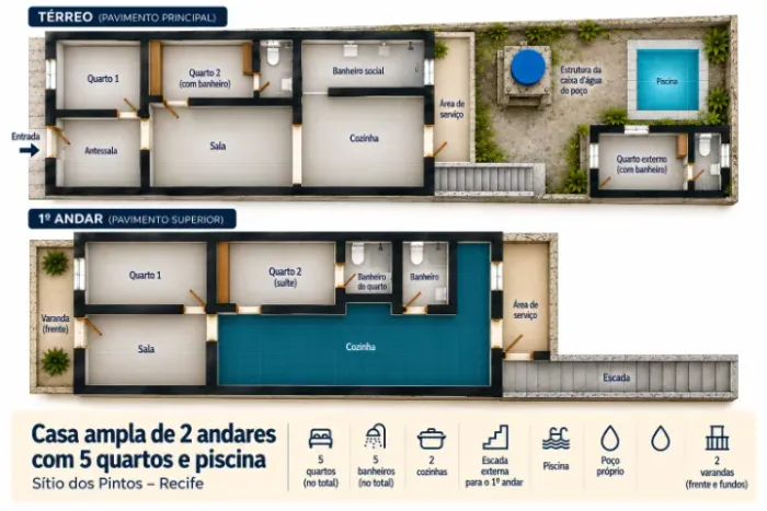 Casa de 2 andares com 5 quartos e piscina - Sítio dos Pintos
