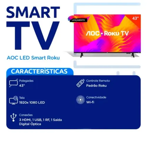 Achadinho Premium! Smart TV AOC 43 Full HD Roku - Viva a Copa do Mundo em Alta Qualidade