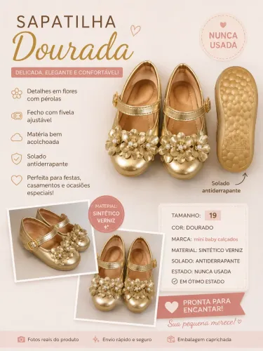 ? Sapatilha Infantil Dourada Mini Baby Calçados - Tam. 19 ? Nunca usada! Não serviu.