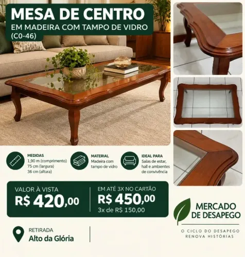 MESA DE CENTRO EM MADEIRA COM TAMPO DE VIDRO (C046)