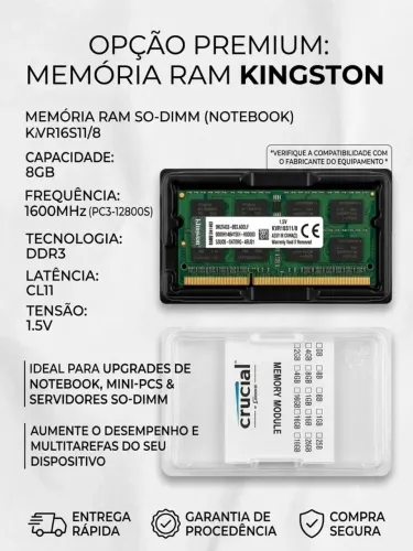 Memória RAM Kingston 8GB DDR3 1600MHz para Notebook