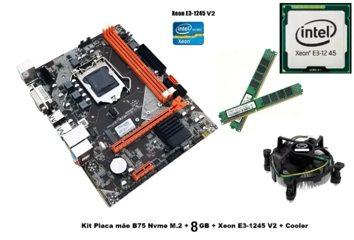 Placa-mãe Intel B75 Nvme 1155 + Xeon E3-1245 V2 (i7-3770 similar) 3.8ghz + 8gb Ddr3