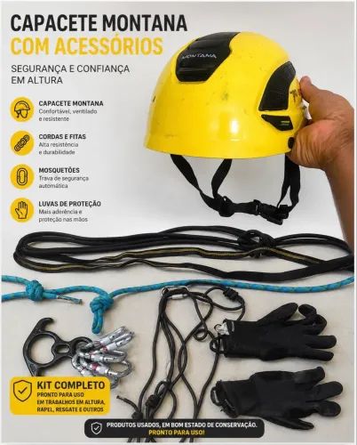 Mosquetões simétricos e assimétricos e cordas para uso de rapel e outros serviços.