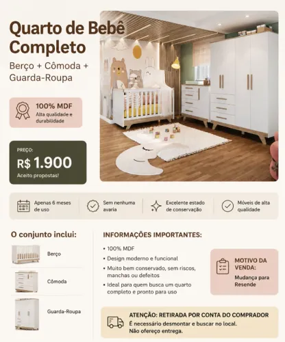 Quarto de Bebê Completo 100%MDF- Berço + Cômoda+guarda roupa