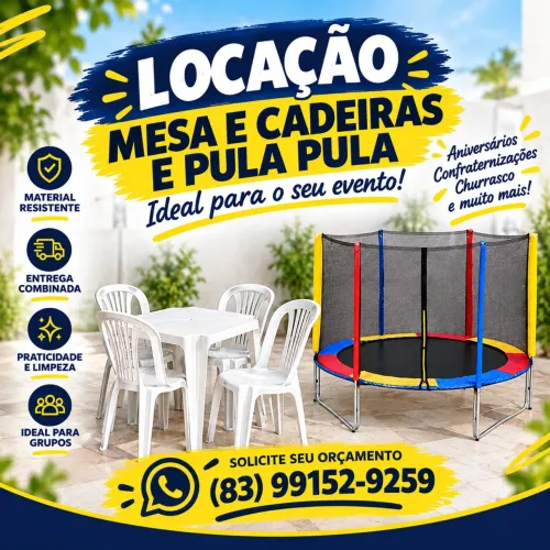 Locação de mesa, cadeiras e pula pula