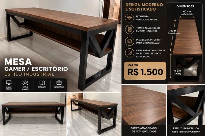 MESA GAMER / ESCRITÓRIO INDUSTRIAL PREMIUM