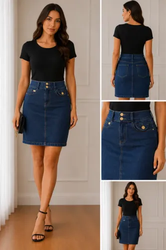 Bazar | Saia Jeans Azul Cintura Alta com Botões