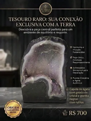 Capela de ágata com geodo de cristais com goetitas negras e rutilos dourados