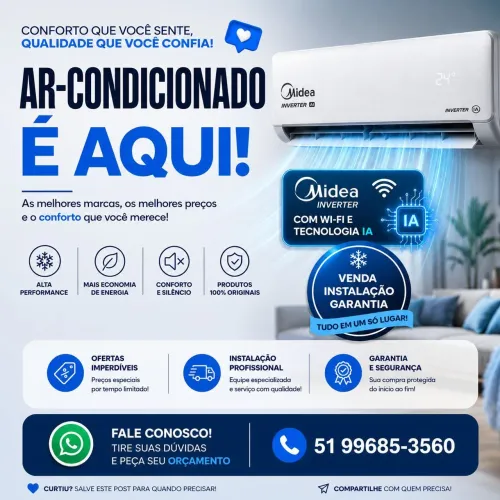 Ar condicionado Midea inverter wi-fi com IA 12 e 18 mil BTUs quente e frio