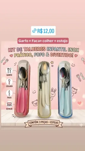 Kit talher infantil inox, garfo, faca, colher e estojo
